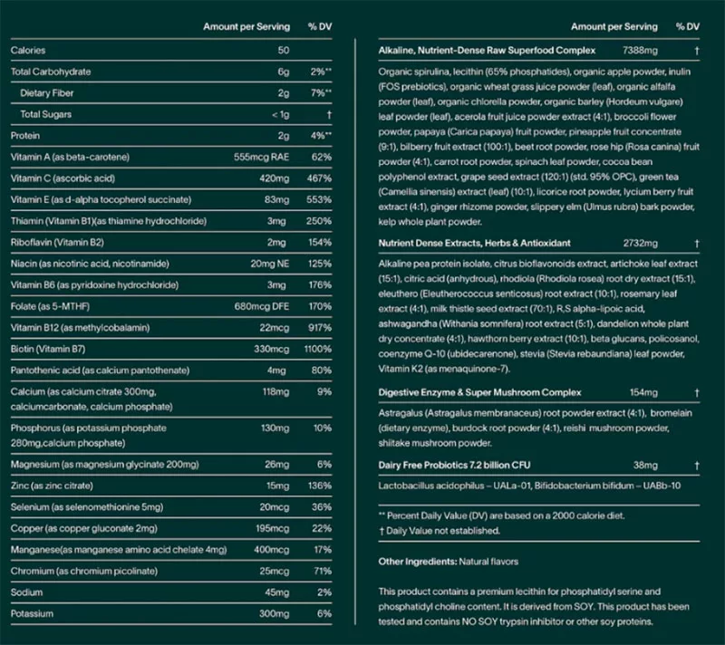 AG1 ingredients label
