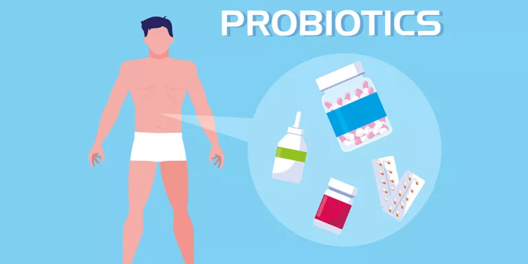 Body of man with medicines probiotics